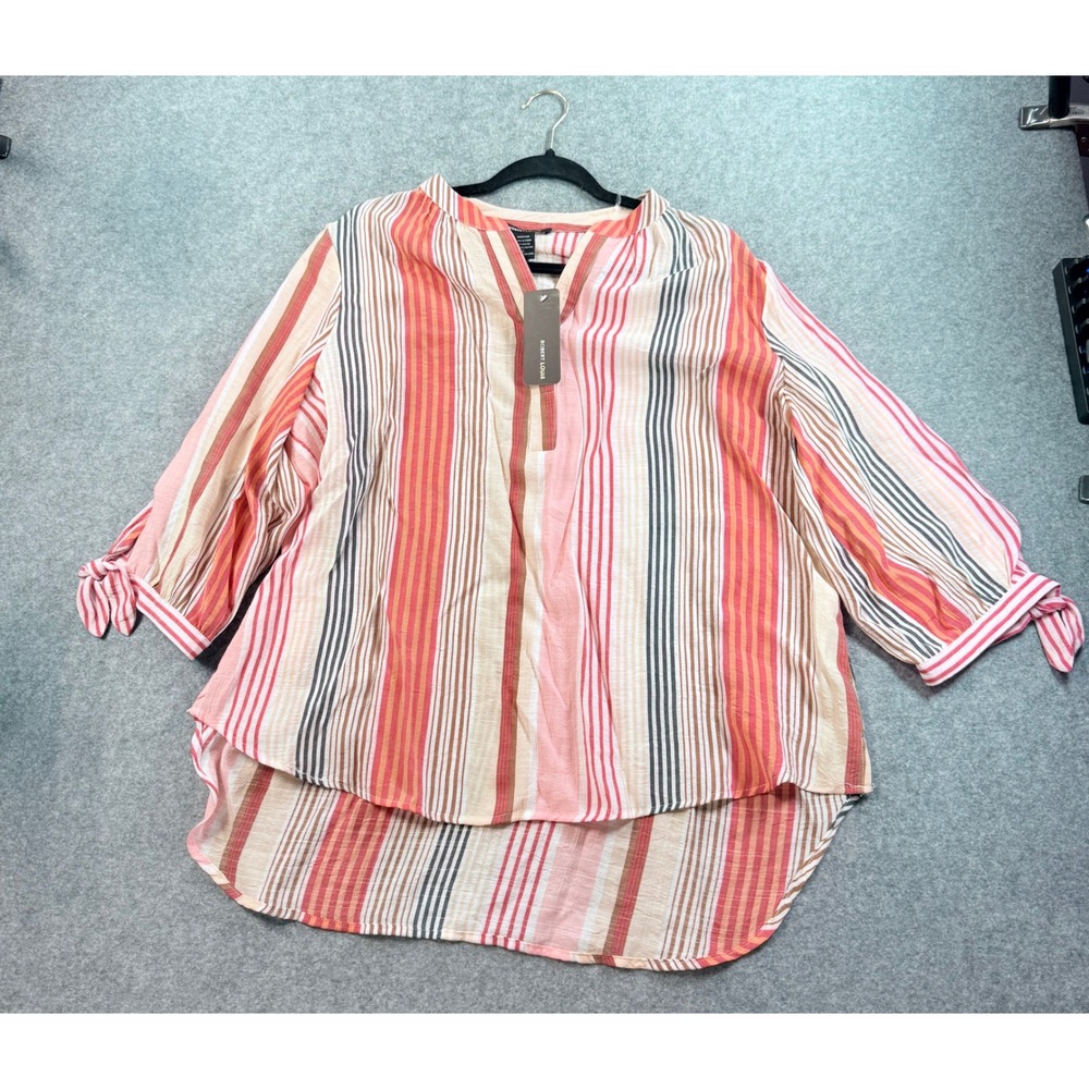Robert Louis Womens Red Multi Stripe V-Neck Tie Sleeve Tunic Blouse LB1929 L NWT